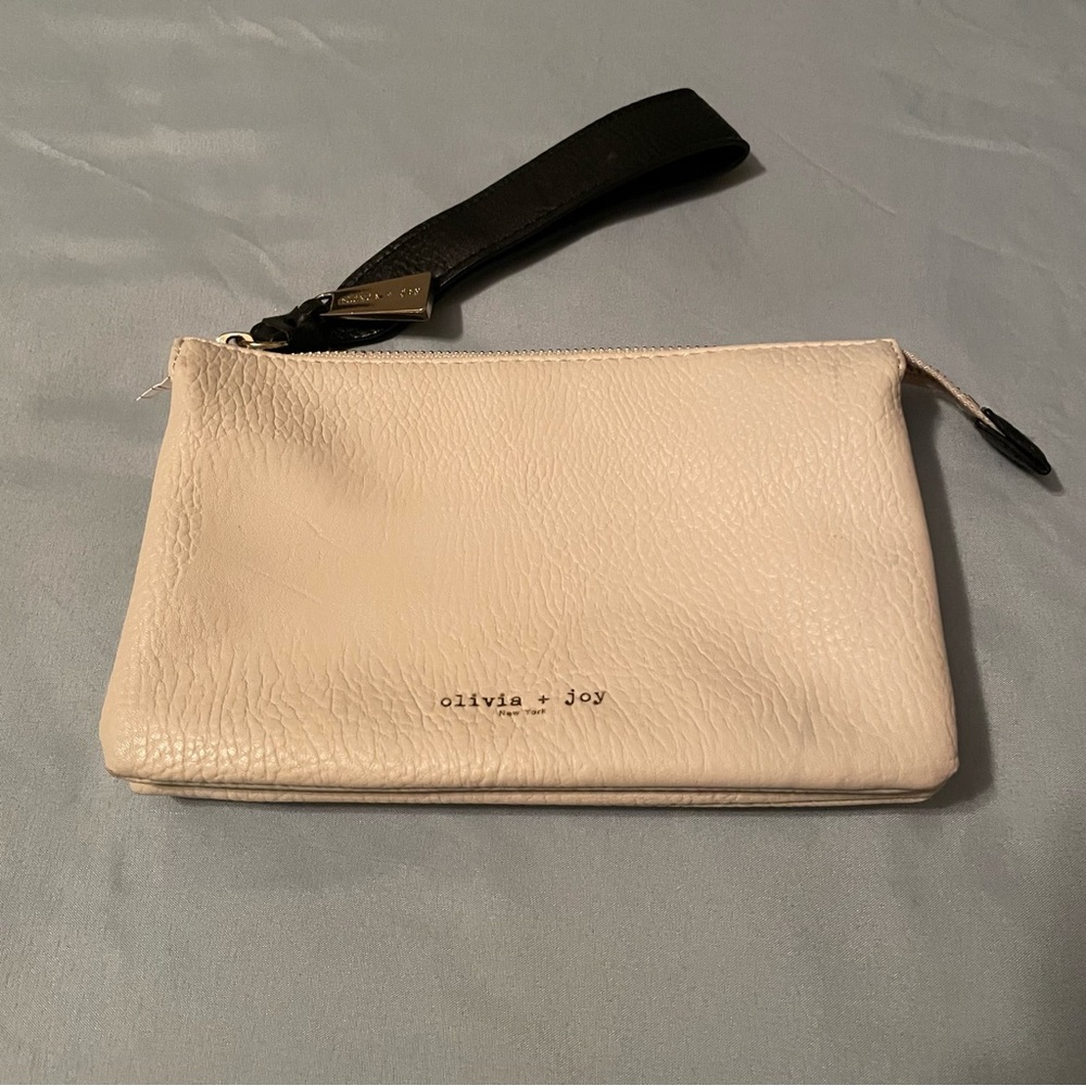Olivia + Joy Cream Pebbled Faux Leather Zip Clutch/Wristlet with Gold Logo